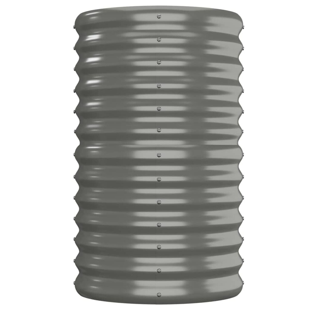 Ein graues, zylindrisches Hochbeet aus Metall mit silbernen Nieten.