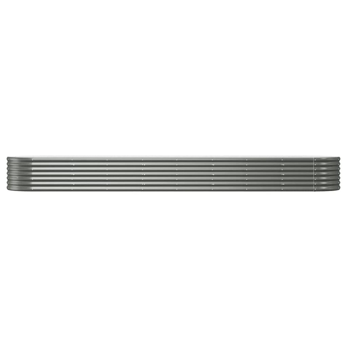 Langes, silbernes, gewelltes Metall-Hochbeet. Erhöhtes Design, im Freien.