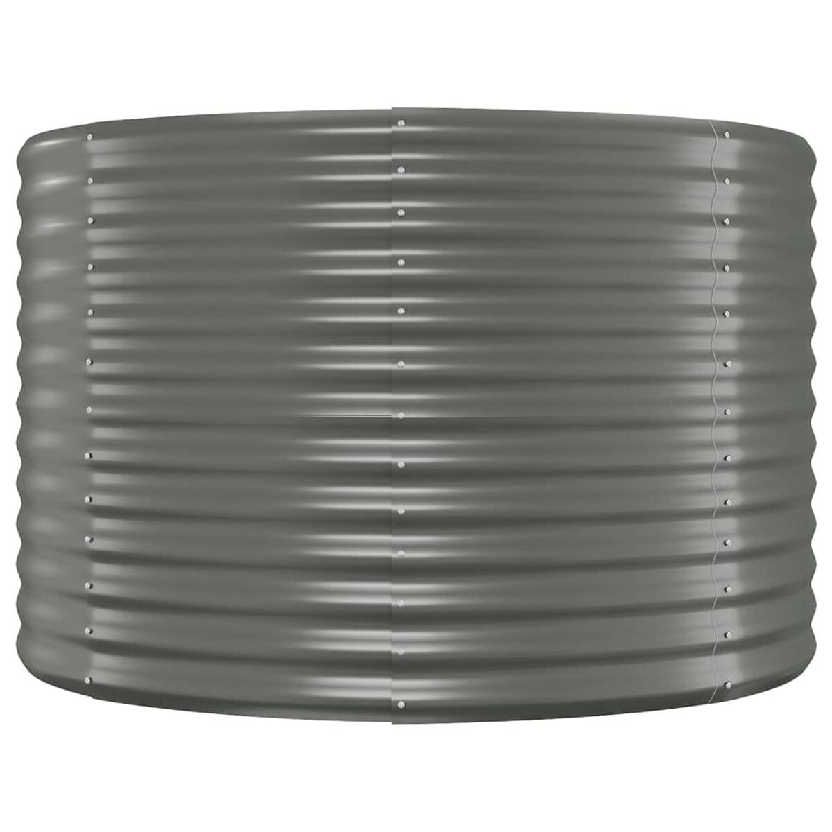 Ein großer, grauer, gewellter Metallpflanzer, zylindrisch, mit sichtbaren Befestigungselementen.
