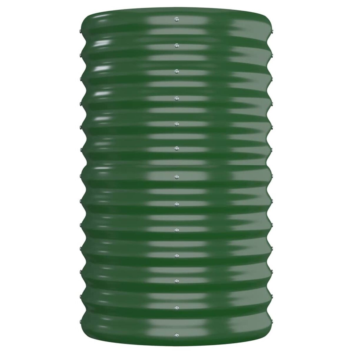 Ein grüner, gewellter Metallpflanzer, zylindrisch geformt, mit sichtbaren Nieten.