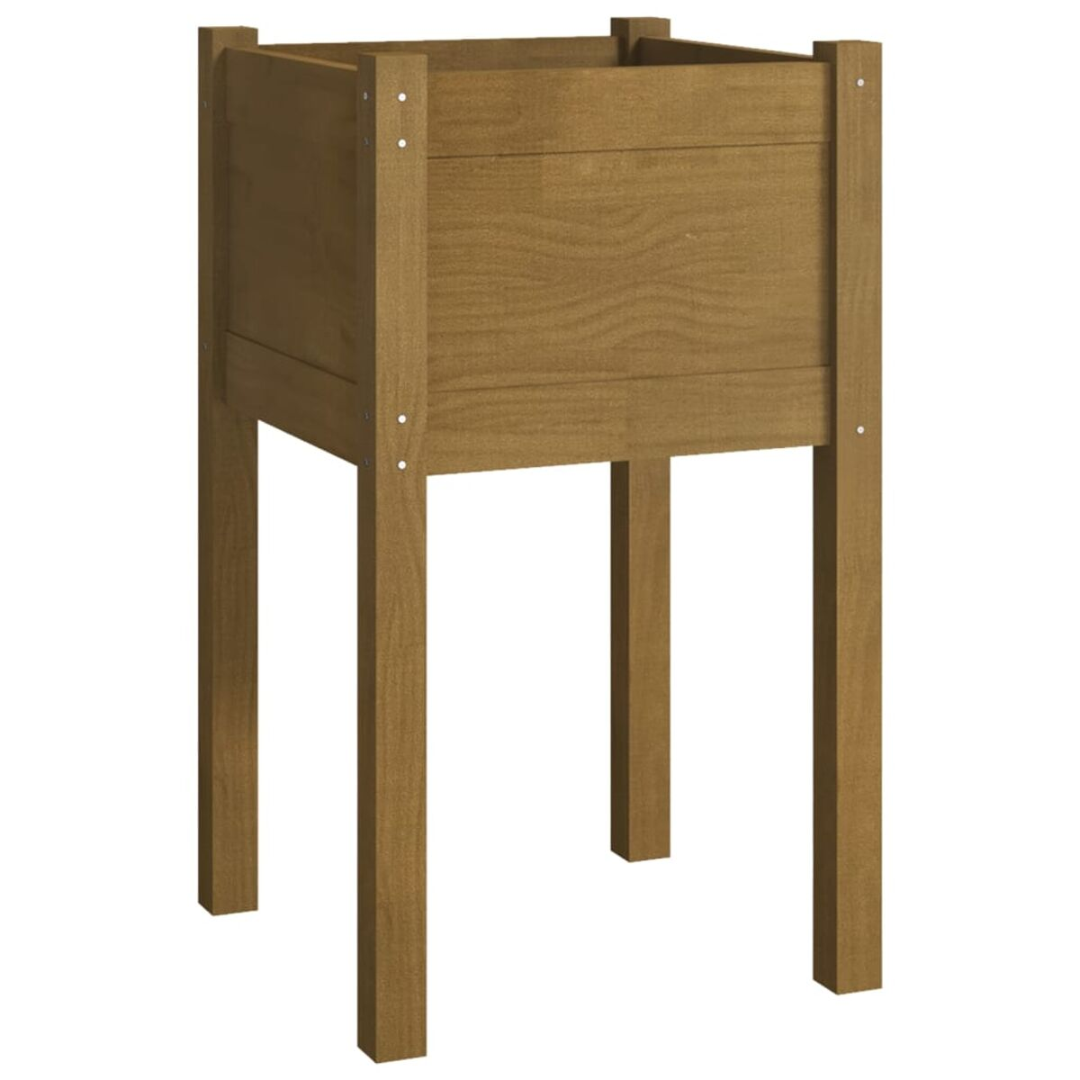 Brauner Holzpflanzkübel mit Beinen. Er ist leer und hat eine quadratische Form.