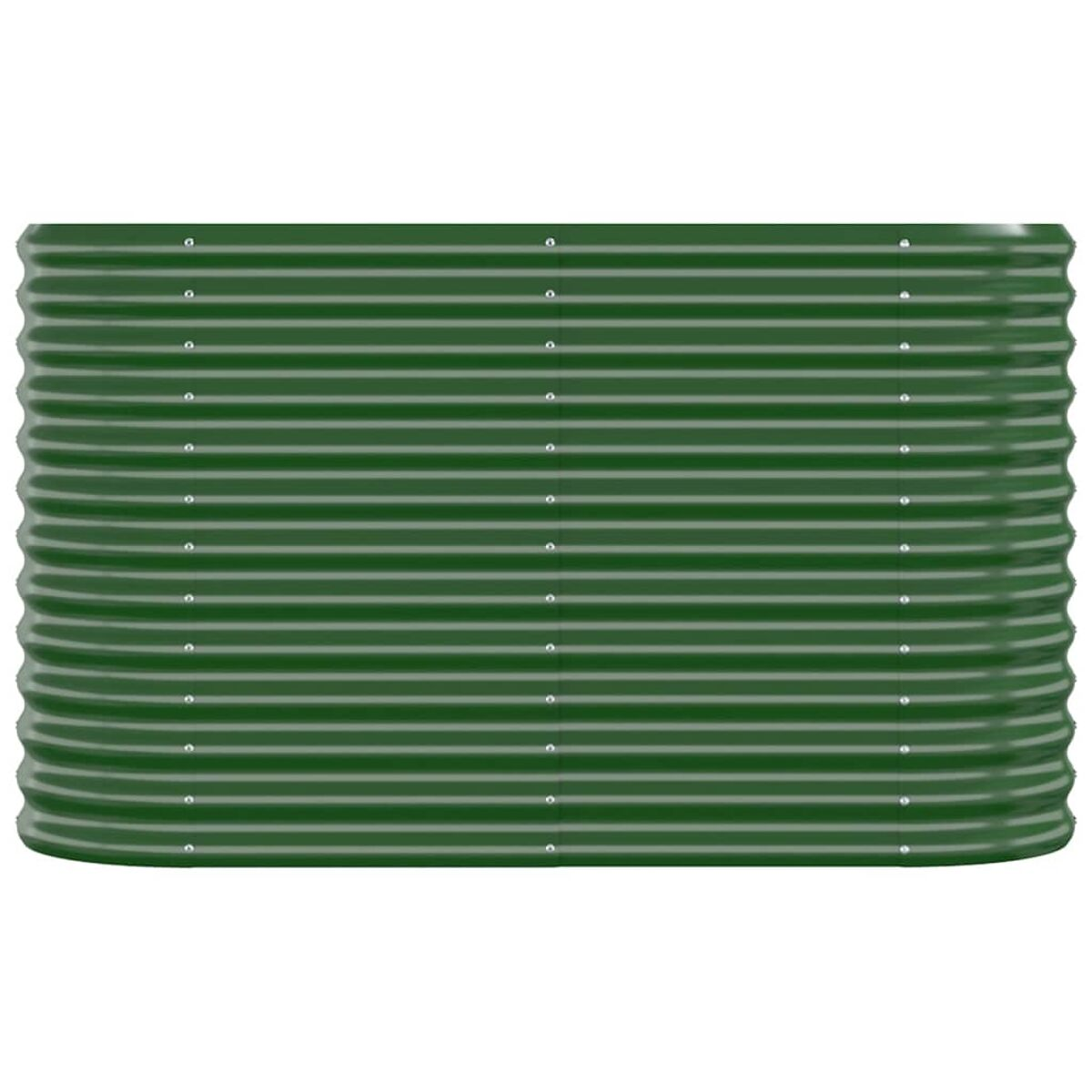 Ein langer, dunkelgrüner Metallpflanzer mit horizontalen Rippen, vor weißem Hintergrund.