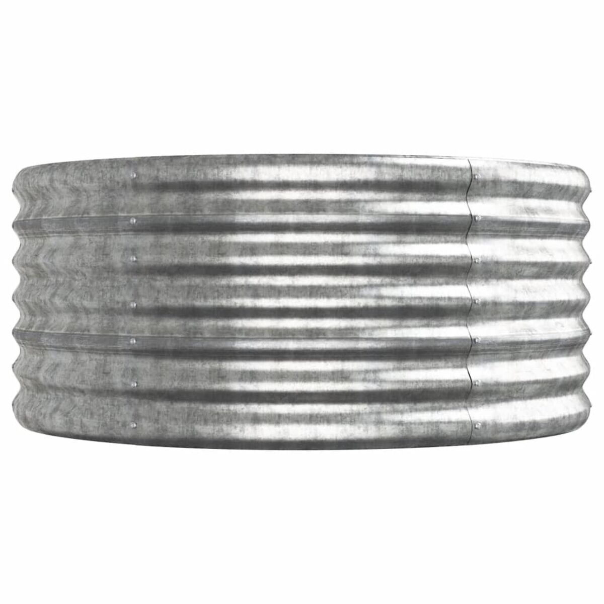 Silbernes Metall-Hochbeet, zylindrisch mit gewellten Seiten.