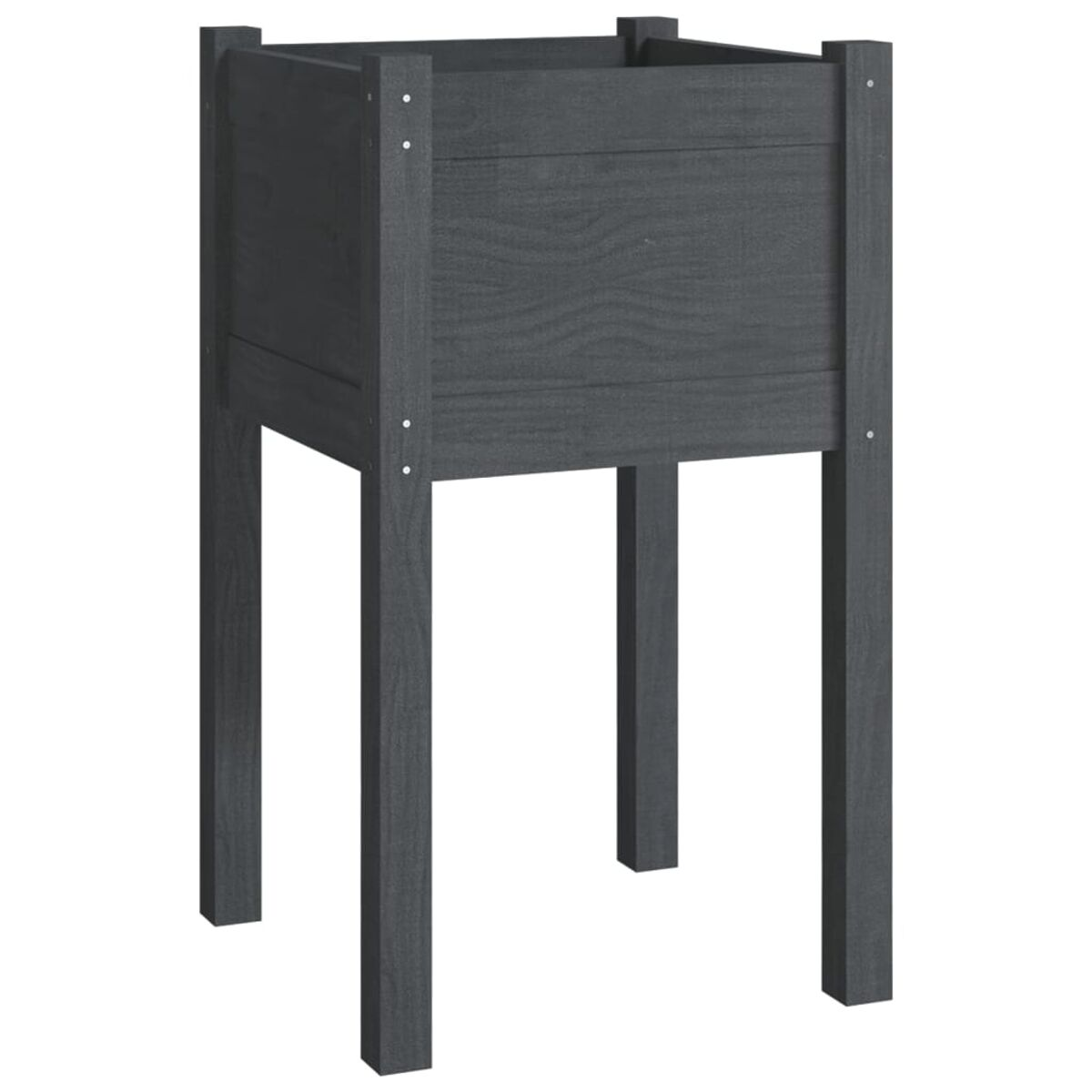 Ein einzelner dunkelgrauer Holzpflanzkasten mit quadratischer Basis und hohen Beinen.