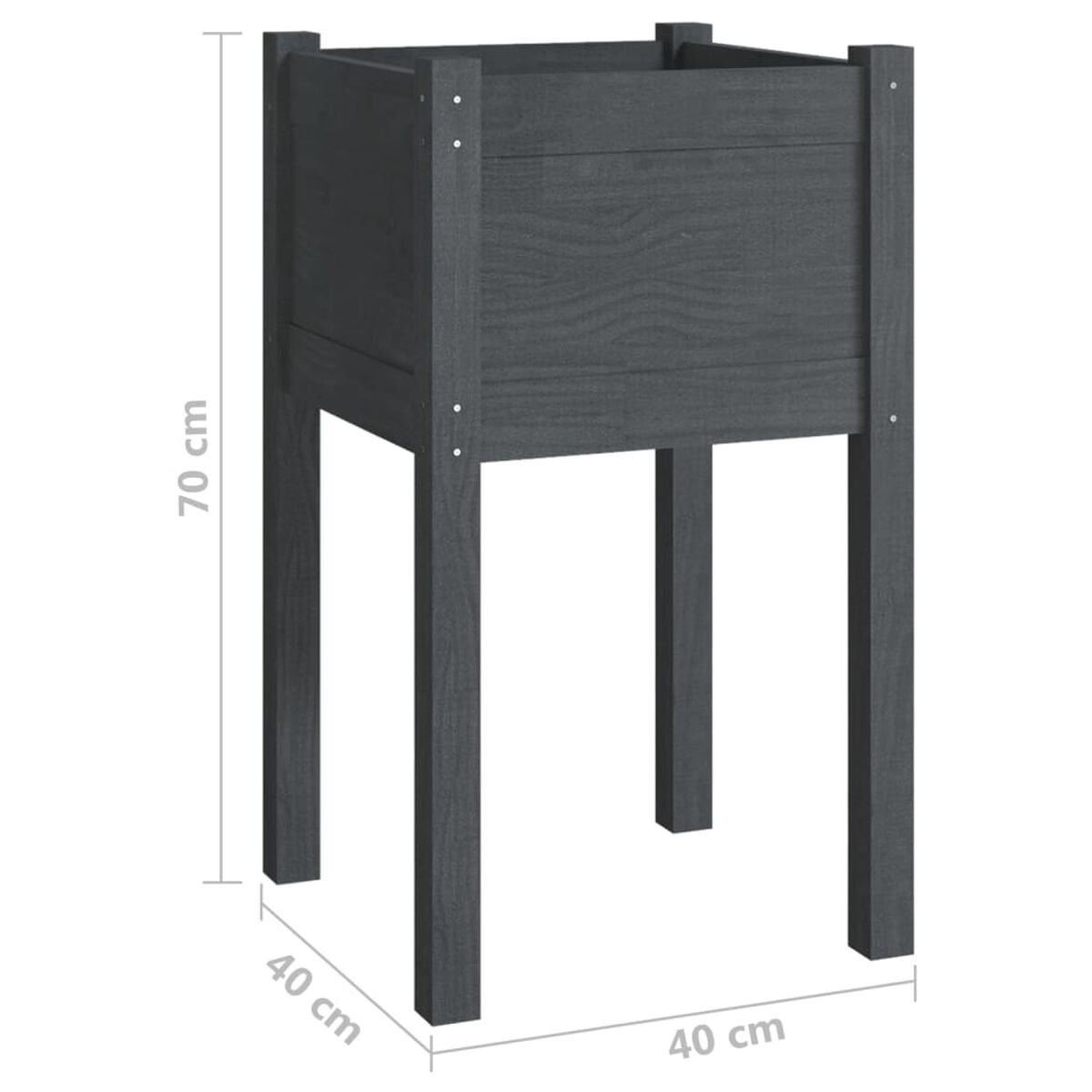 Dunkelgrauer Holzpflanzer auf Beinen. Mit 70 cm Höhe und 40 cm Breite markiert. Weißer HG.