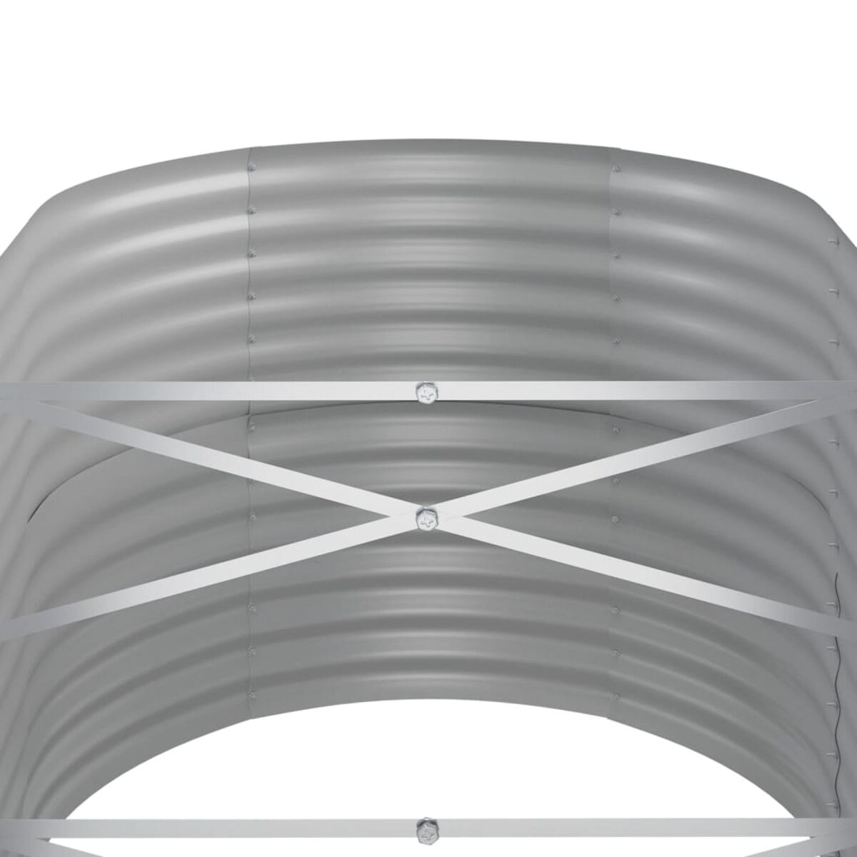 Metallkonstruktion mit gebogenen Paneelen. Silber, gewölbte Form, Metallstützen.