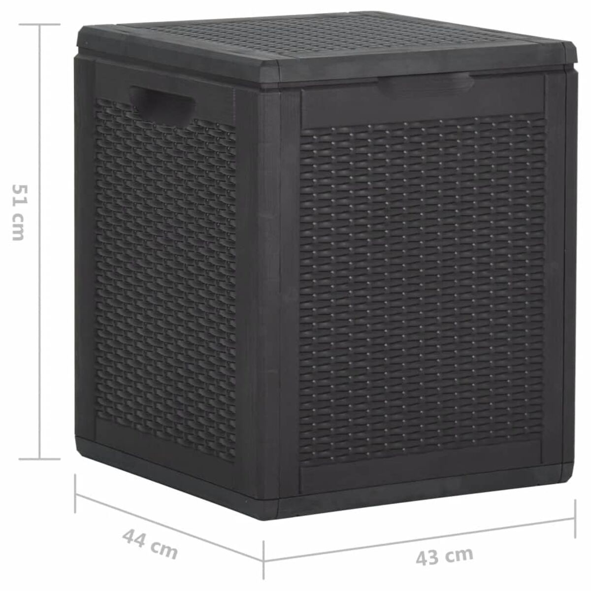 Eine schwarze Aufbewahrungsbox mit gewebter Textur. Abmessungen: 51x44x43 cm.