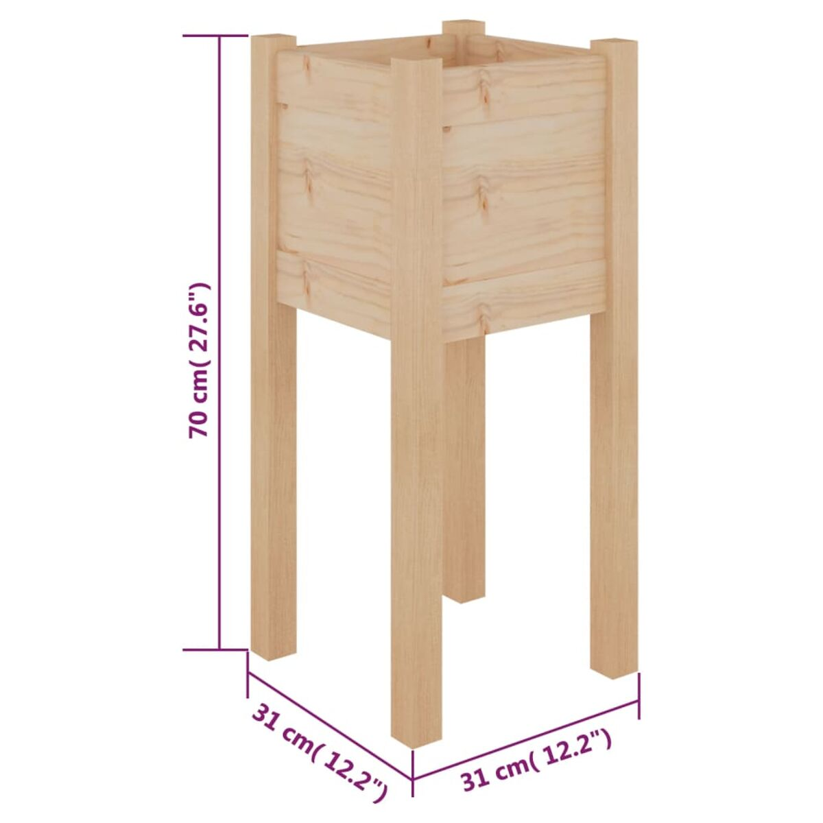 Holz-Pflanzkasten auf Beinen. Zeigt Abmessungen: 70 cm hoch, 31x31 cm Basis.