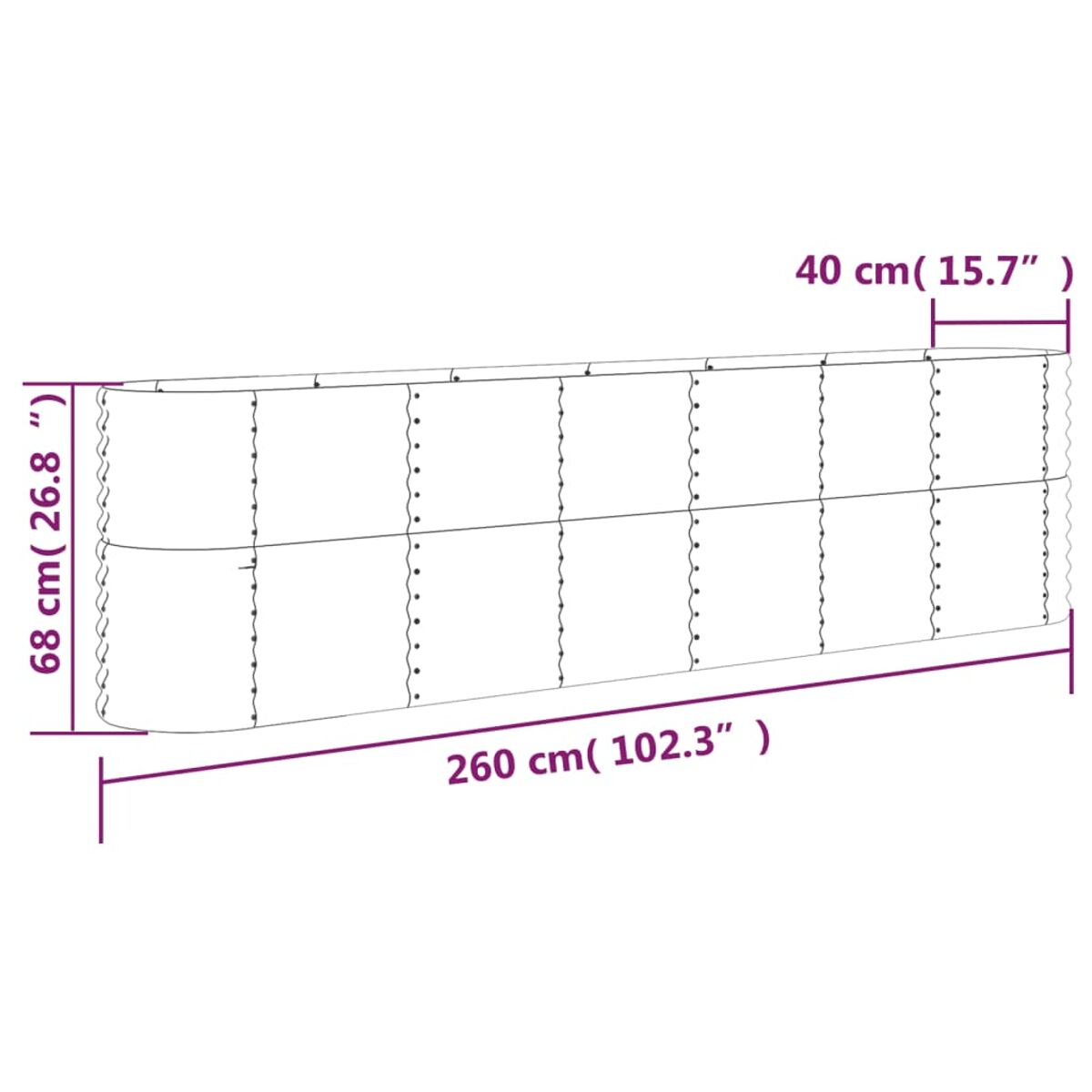 Weißer Hintergrund mit abgemessenen, beigen Rechteck. Abmessungen: 260cm lang, 68cm hoch und 40cm breit.