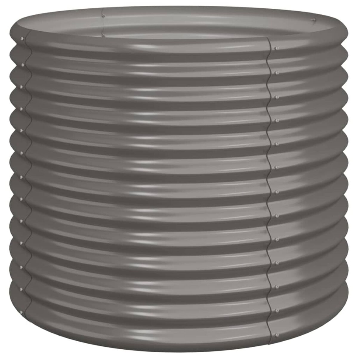 Ein graues, gewelltes Gartenbeet aus Metall. Es hat eine hohe, kreisförmige Form.