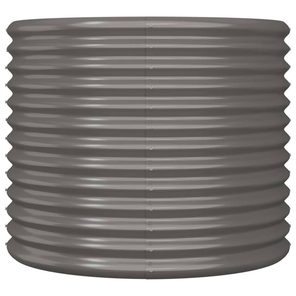 Nahaufnahme eines dunkelgrauen Pflanzgefäßes aus Wellblech. Die Rippen verlaufen horizontal.