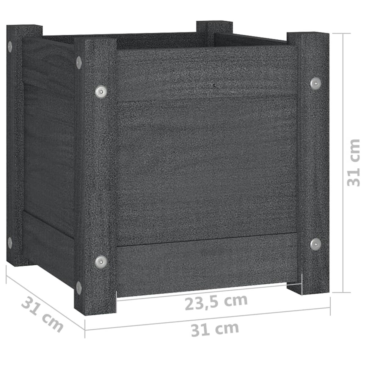 Dunkelgrauer Holzpflanzkasten mit Abmessungen, Höhe und Breite zeigend.
