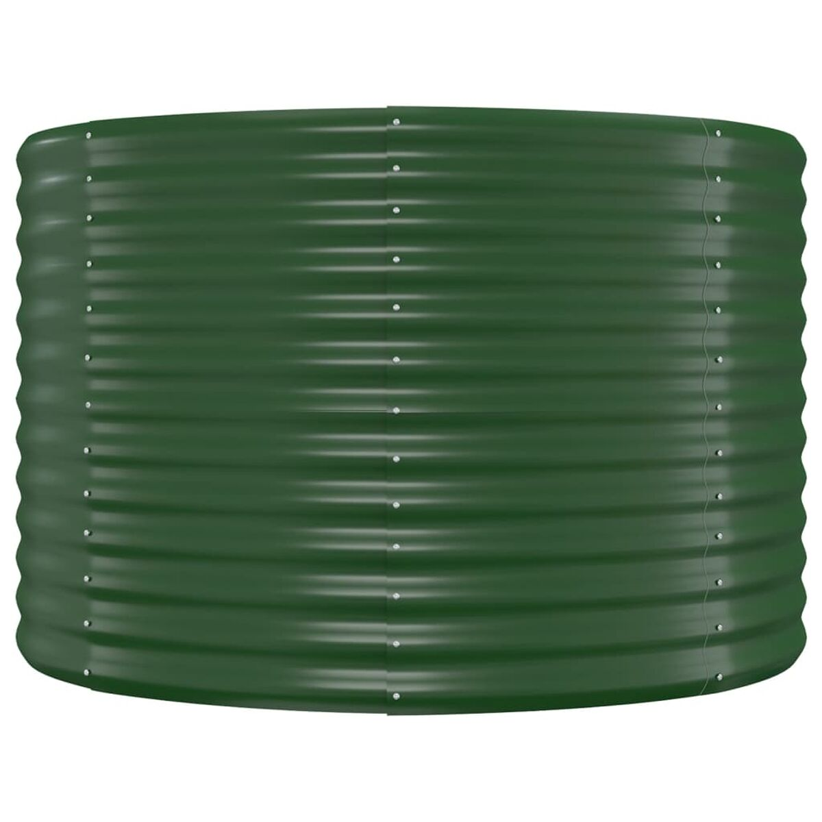 Ein grüner, zylindrischer Metallpflanzer mit einer gewellten Oberfläche.