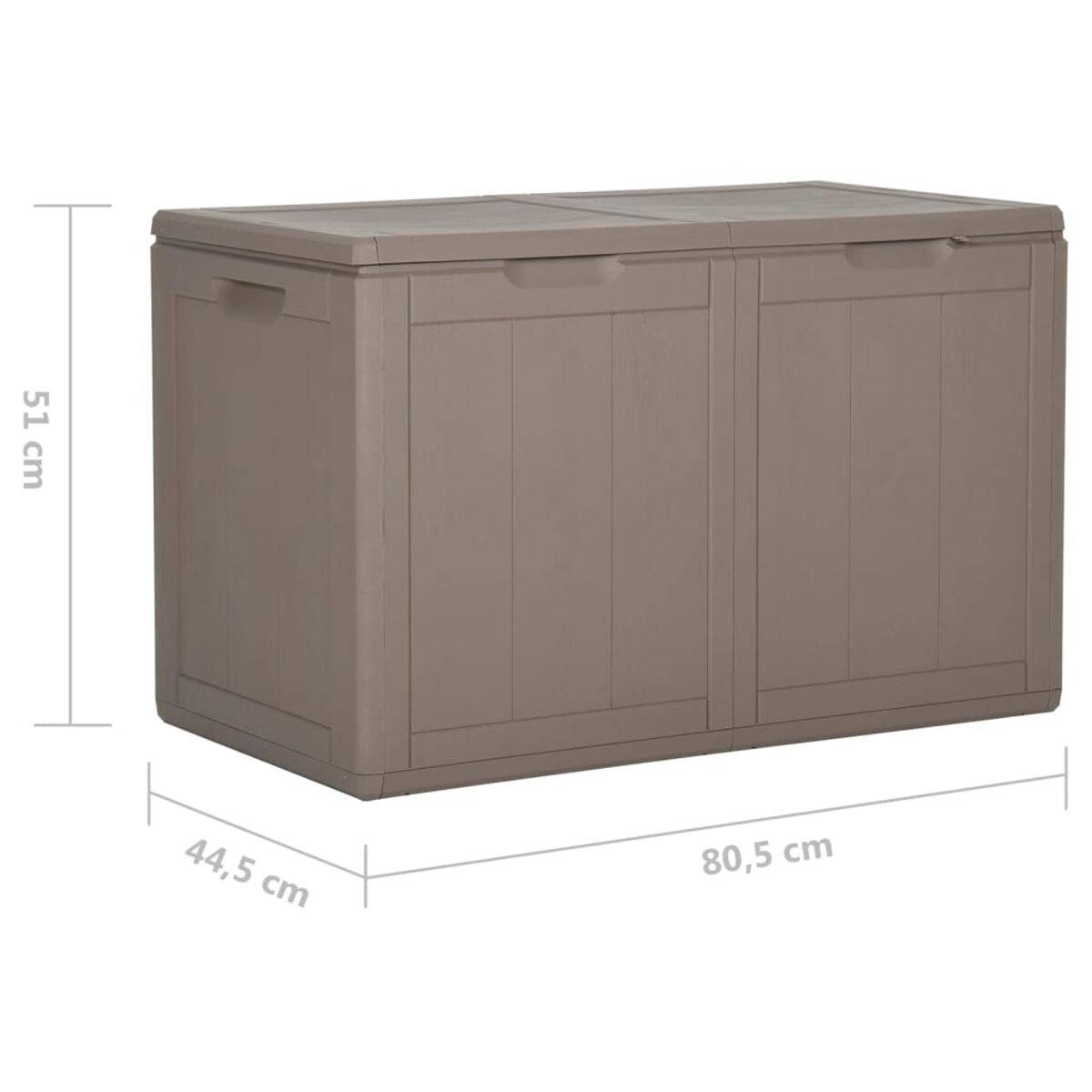 Rechteckige Aufbewahrungsbox. Braun. Deckel und zwei Griffe. Maße sind 44,5 x 80,5 x 51 cm.