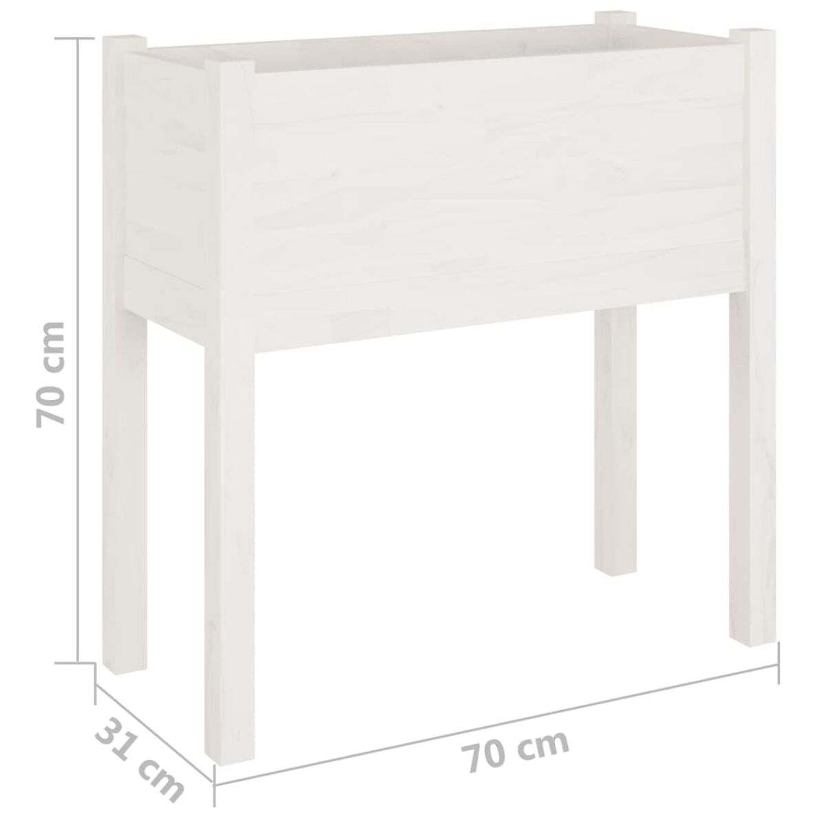 Erhöhtes Gartenbeet aus weißem Holz mit den Maßen: 70 cm x 31 cm x 70 cm Höhe.