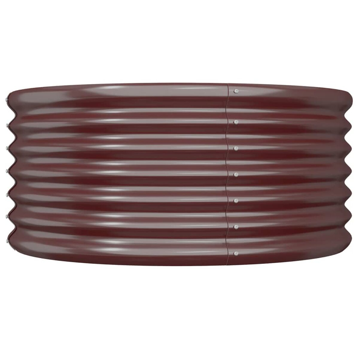 Ein rotbrauner Pflanzkübel aus gewelltem Metall. Die Rippen verlaufen horizontal.
