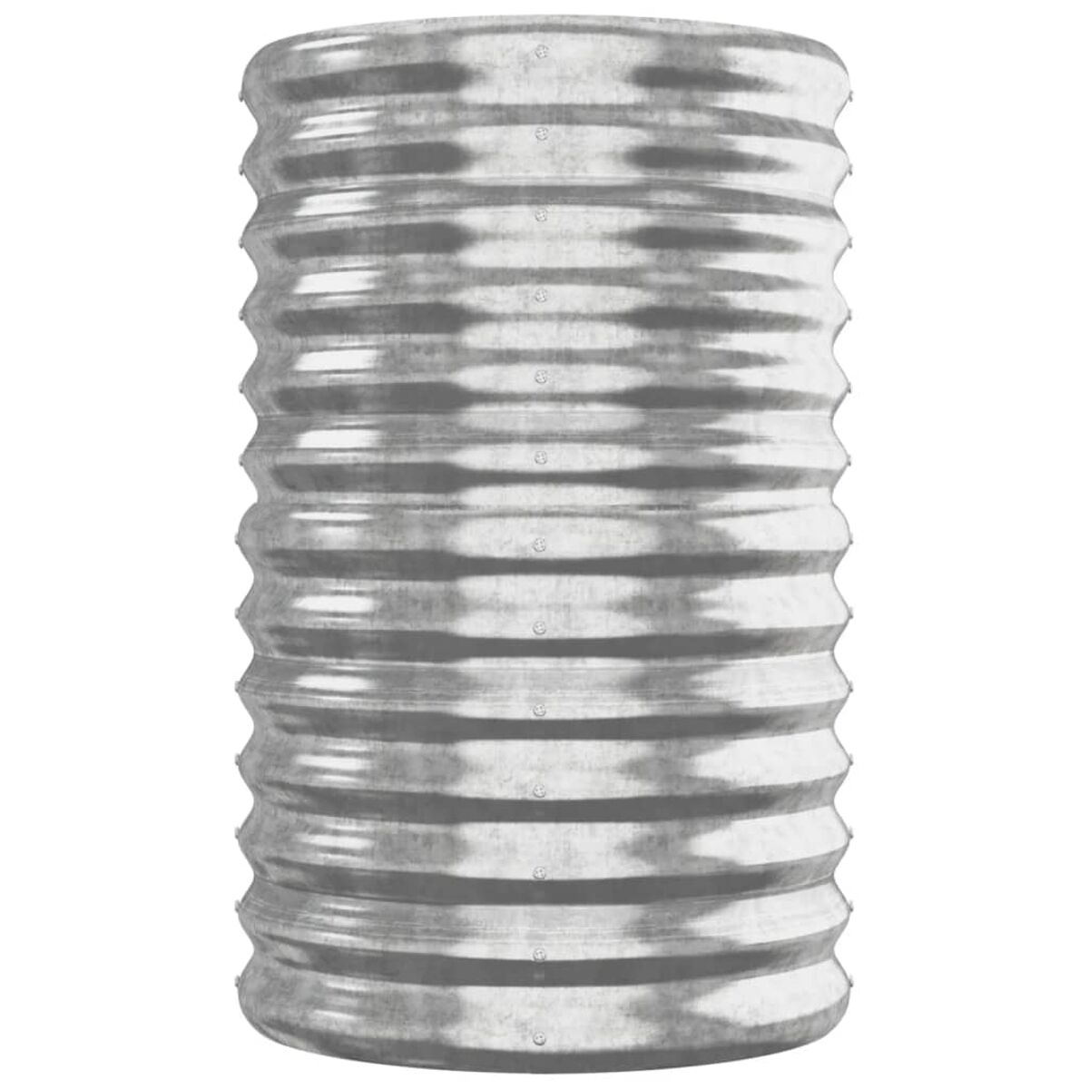 Ein gewellter Metallzylinder, möglicherweise ein Abflussrohr, auf weißem Hintergrund.