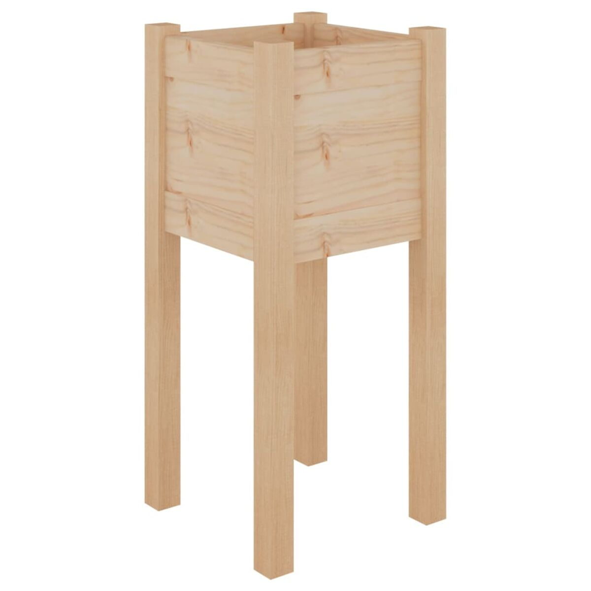 Pflanzkasten aus Holz mit vier Beinen. Quadratische Form mit sichtbarer Holzmaserung.
