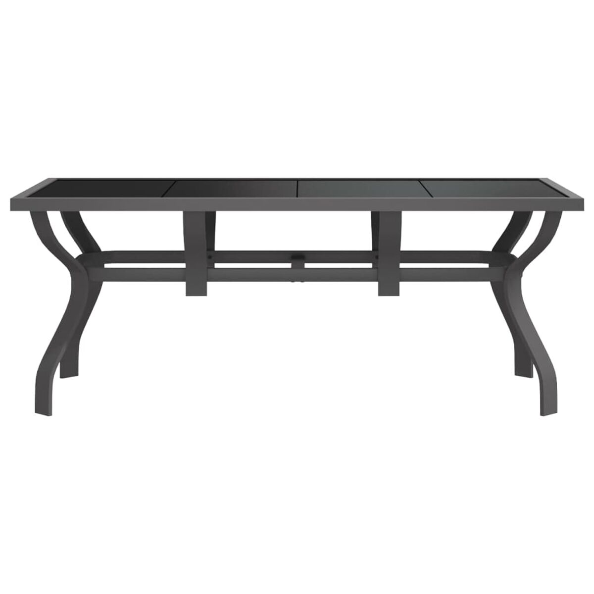 Ein dunkelgrauer Gartentisch mit geschwungenen Beinen. Die Tischplatte scheint aus drei Glasplatten zu bestehen.