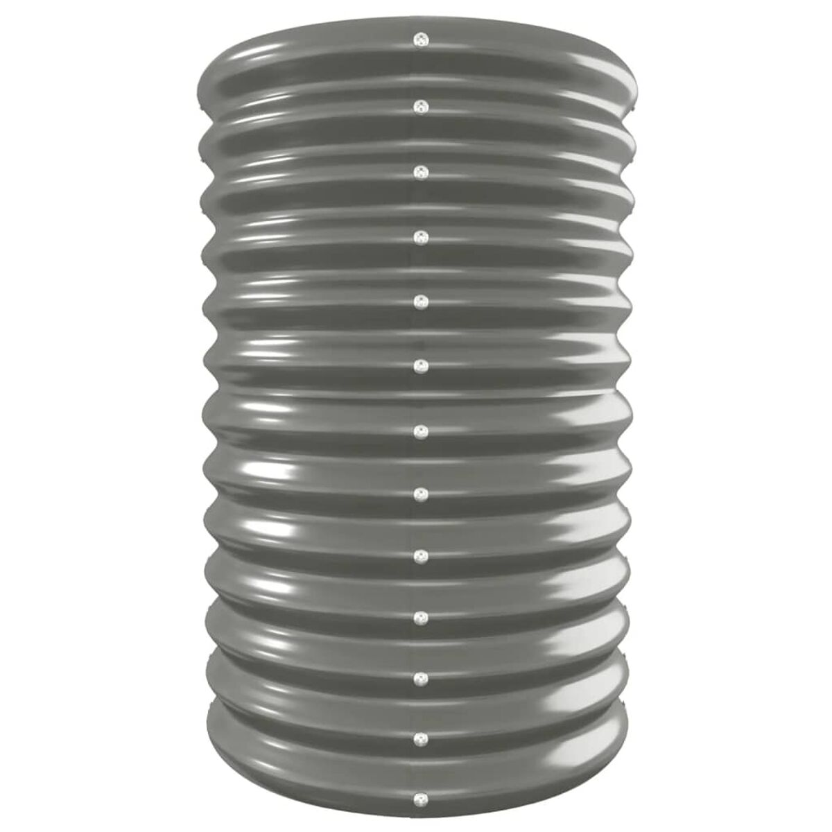 Ein grauer, gewellter Metall-Pflanzkübel mit zylindrischer Form, ideal für Pflanzen im Freien.