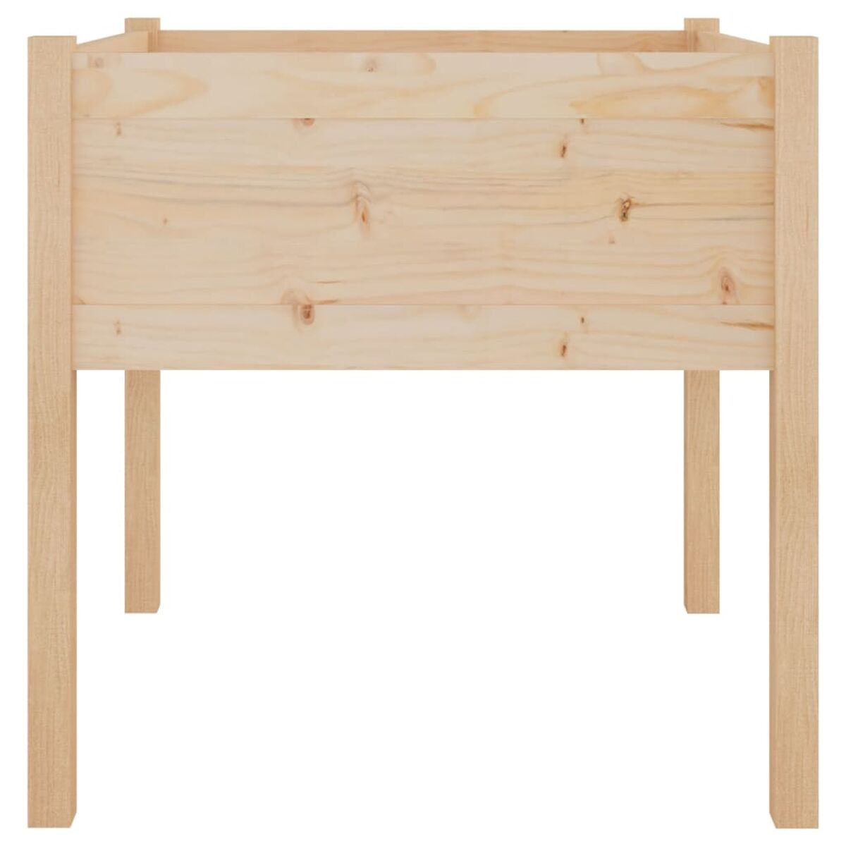Eine hellfarbene Pflanzkasten aus Holz mit vier Beinen, von vorne auf weißem Hintergrund betrachtet.