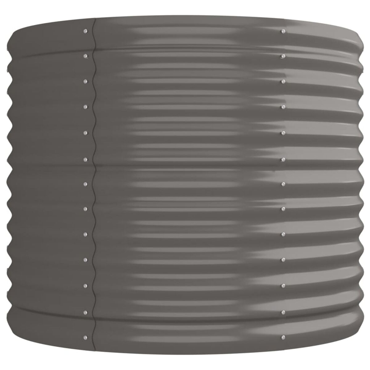 Dunkelgrauer Metallpflanzkübel. Zylindrische Form, glatte Oberfläche, mit Nieten an den Seiten.