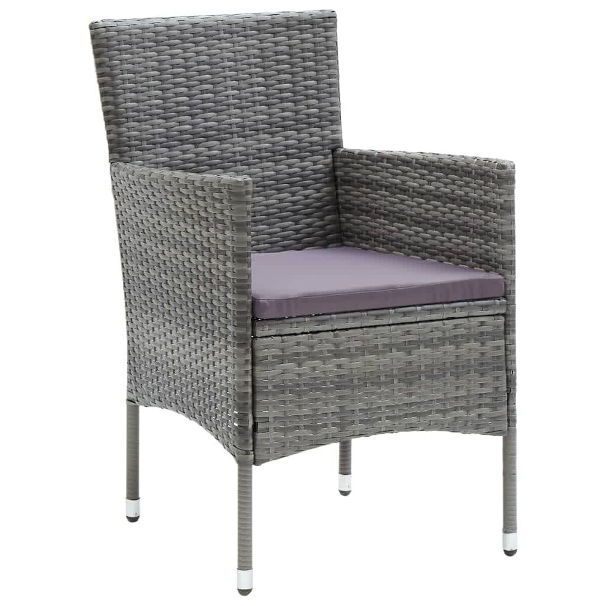 Grauer Rattan-Stuhl mit lila Kissen.