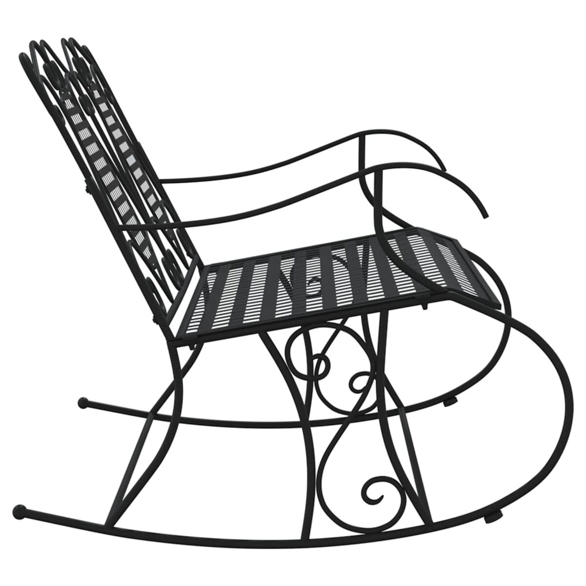 Schwarzer Metall-Schaukelstuhl mit dekorativen Verzierungen und einem Lattenrost, Seitenansicht.