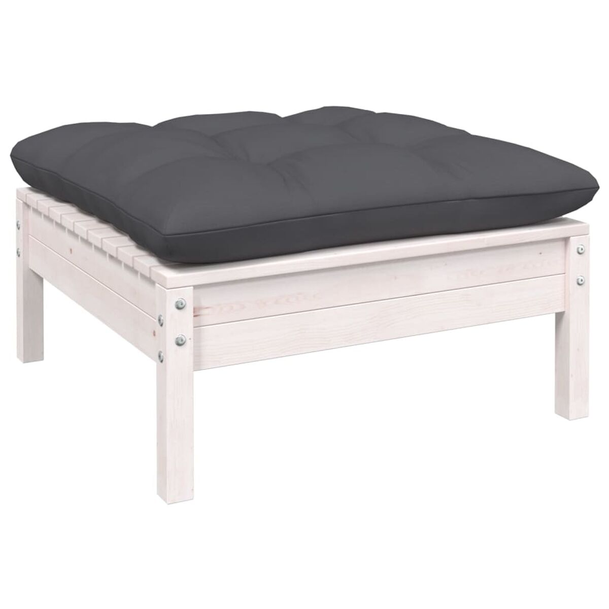 Hocker aus Holz mit dunkelgrauem Kissen.