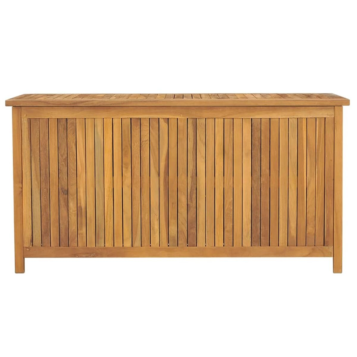 Outdoor-Aufbewahrungsschrank aus Holz. Vertikale Bretter bilden die Front und Seiten. Die Oberseite ist flach mit Linien.