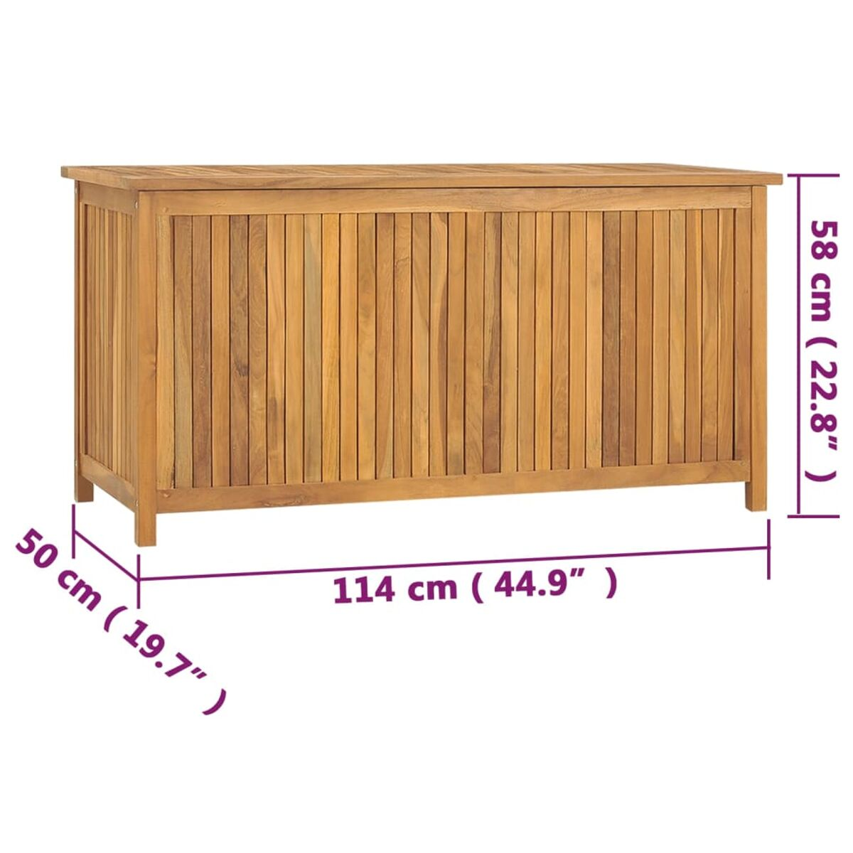 Eine rechteckige Outdoor-Aufbewahrungsbox aus Holz mit sichtbaren Abmessungen.