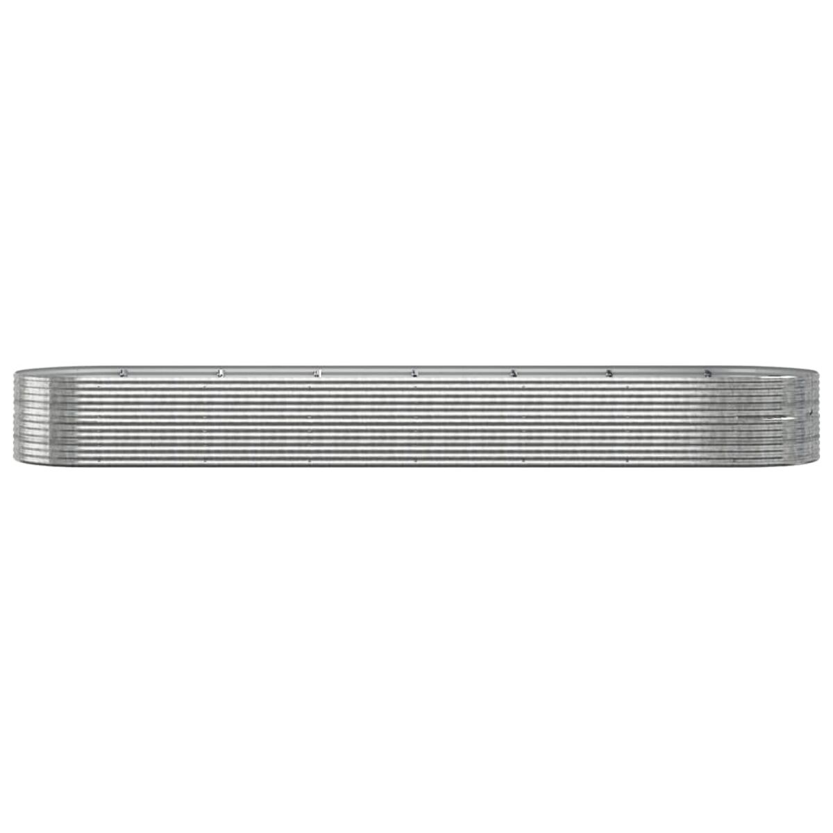 Langer, silberner Metallpflanzer mit horizontalen Rippen. Die Form ist rechteckig.