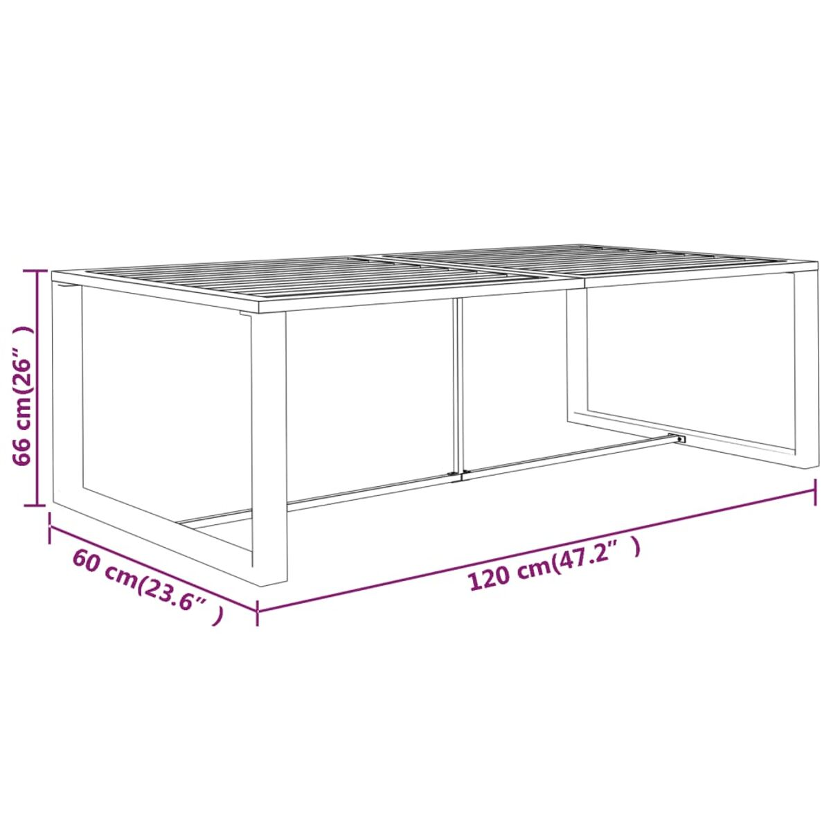 Holztisch für draußen, Abmessungen in cm. Der Tisch ist rechteckig mit einer Lattenoberfläche.