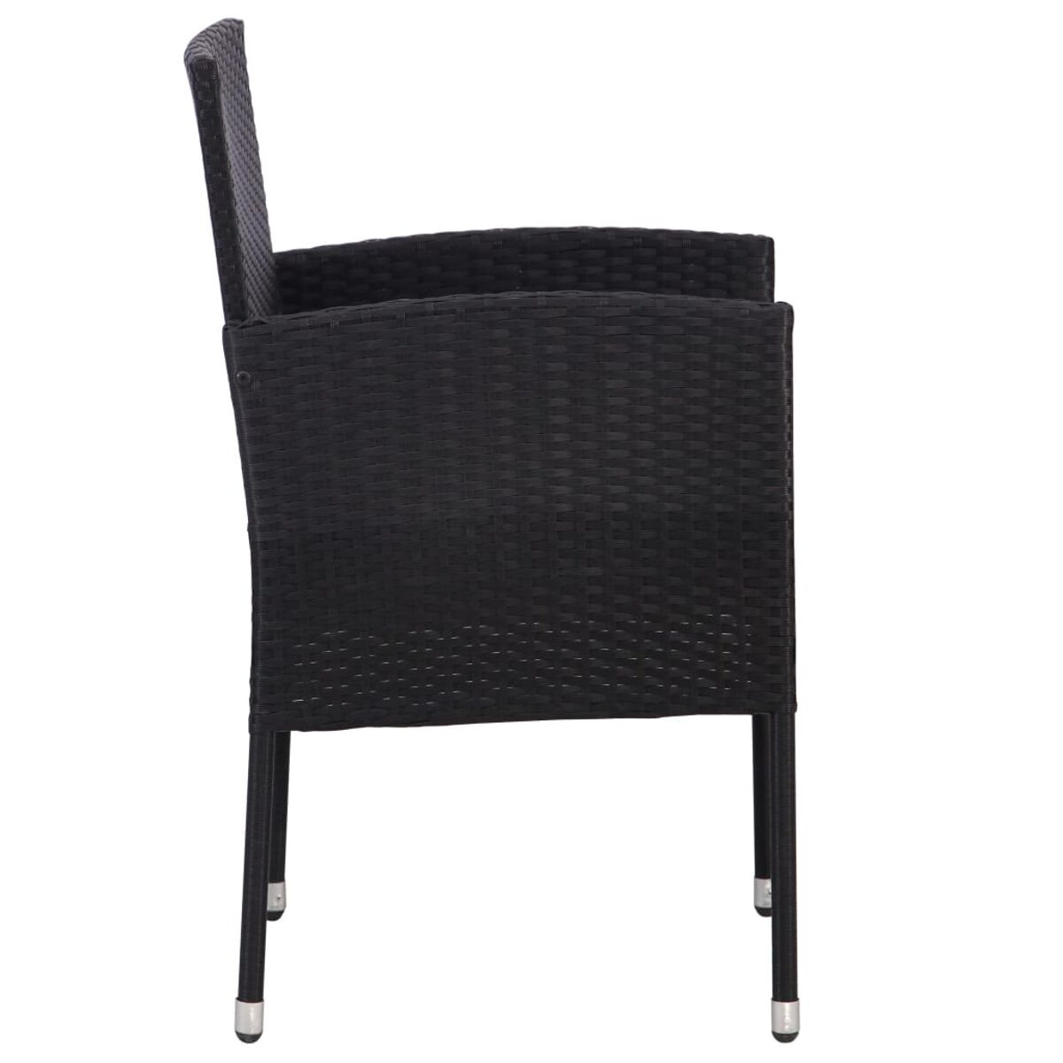 Sedia nera intrecciata, vista laterale. Ha un design semplice e gambe in metallo.