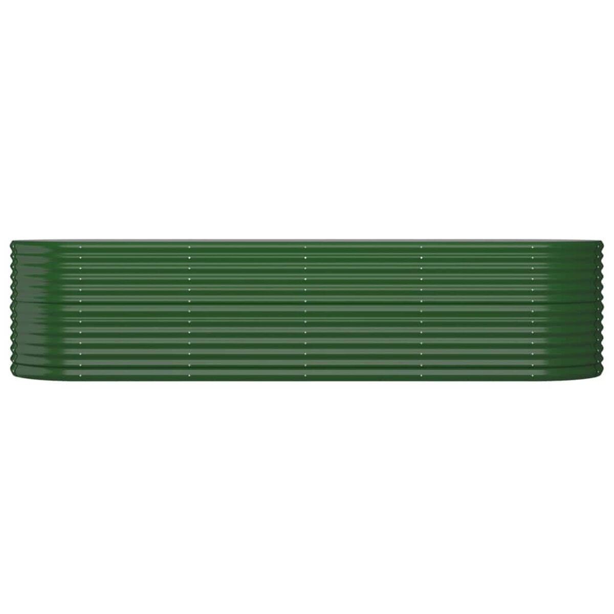 Langer, grüner, gewellter Metallpflanzer mit horizontaler Ausrichtung.