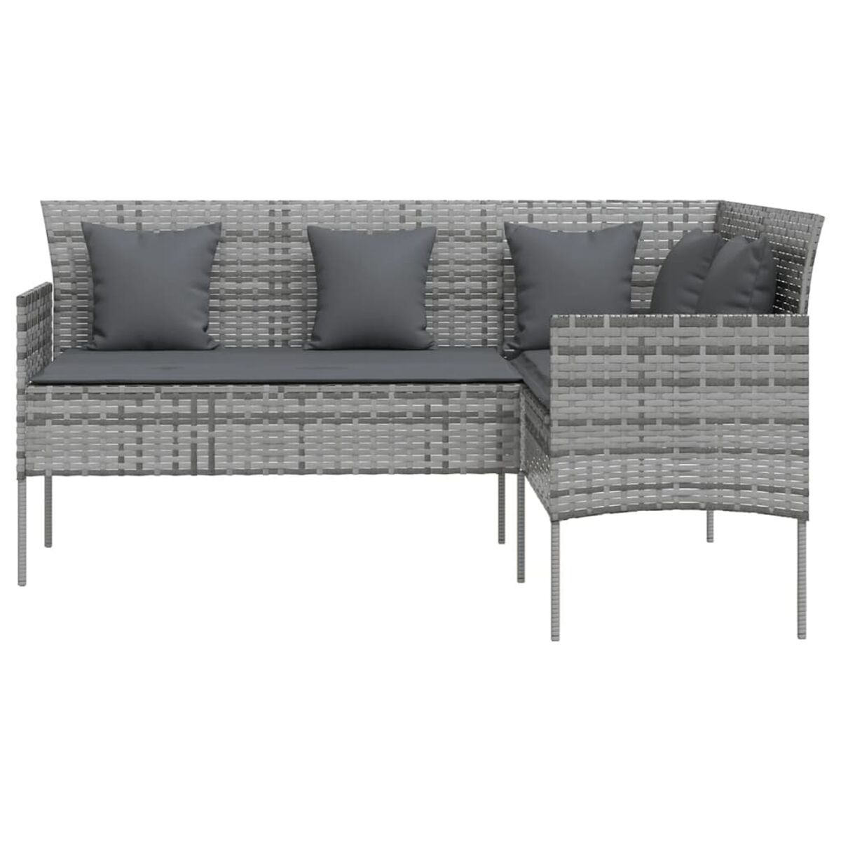 Graues, gewebtes Ecksofa mit drei Kissen auf dem Sitz, vor weißem Hintergrund.