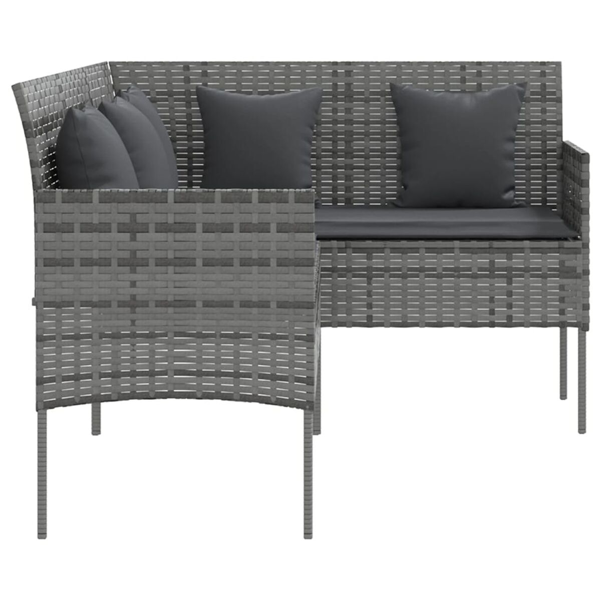 Graues Ecksofa aus Rattan mit drei Kissen. Weißer Hintergrund.