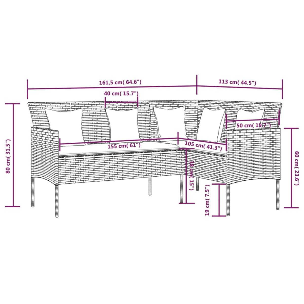 Ein Koriansofa mit Kissen. Abmessungen sind im Bild angegeben.