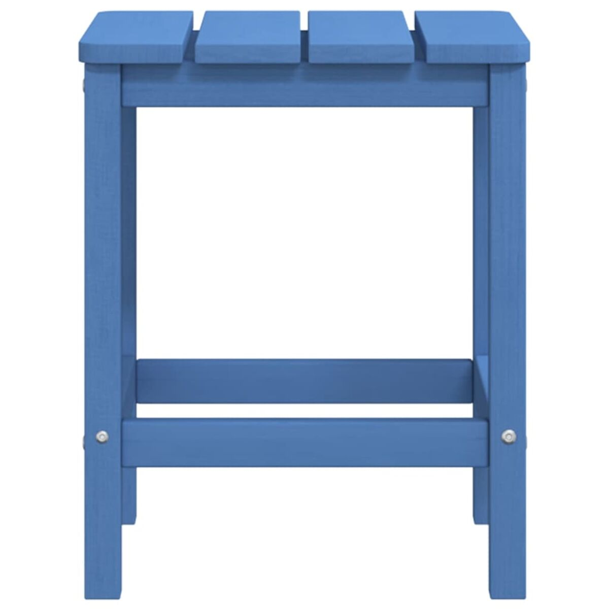 Blauer Beistelltisch aus Holz mit Lattenrost und vier Beinen.