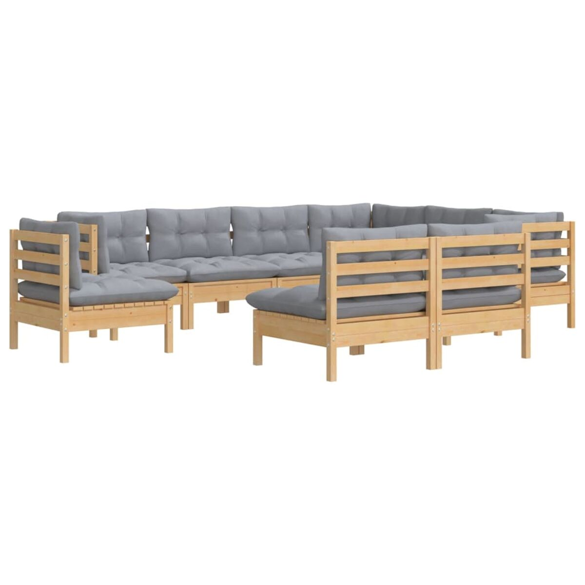 Outdoor-Ecksofa mit grauen Kissen auf Holzterrasse. Grüne Bäume im Hintergrund.