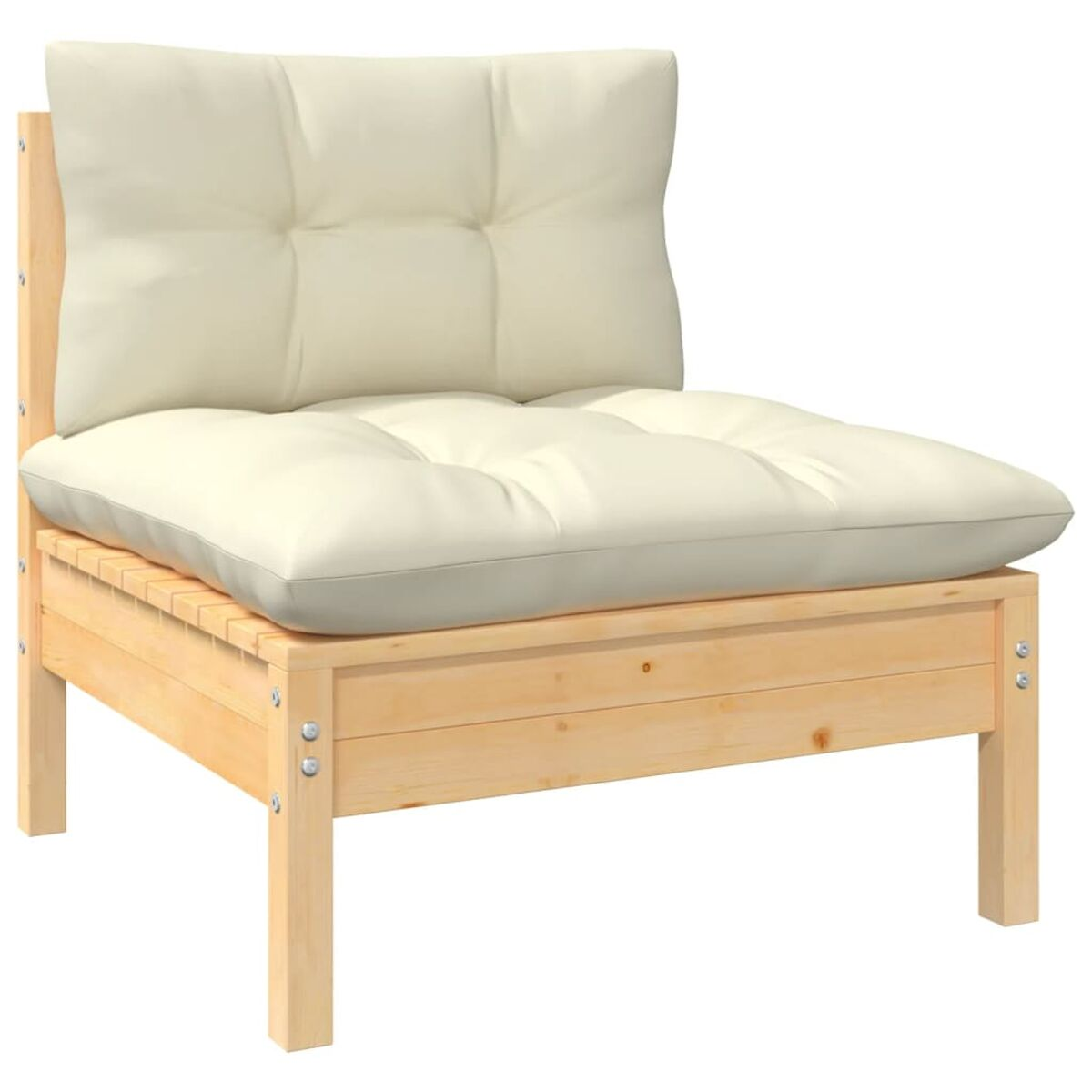 Holzstuhl mit cremefarbenem Kissen. Hellbraunes Holz, einfaches Design, ein Kissen.