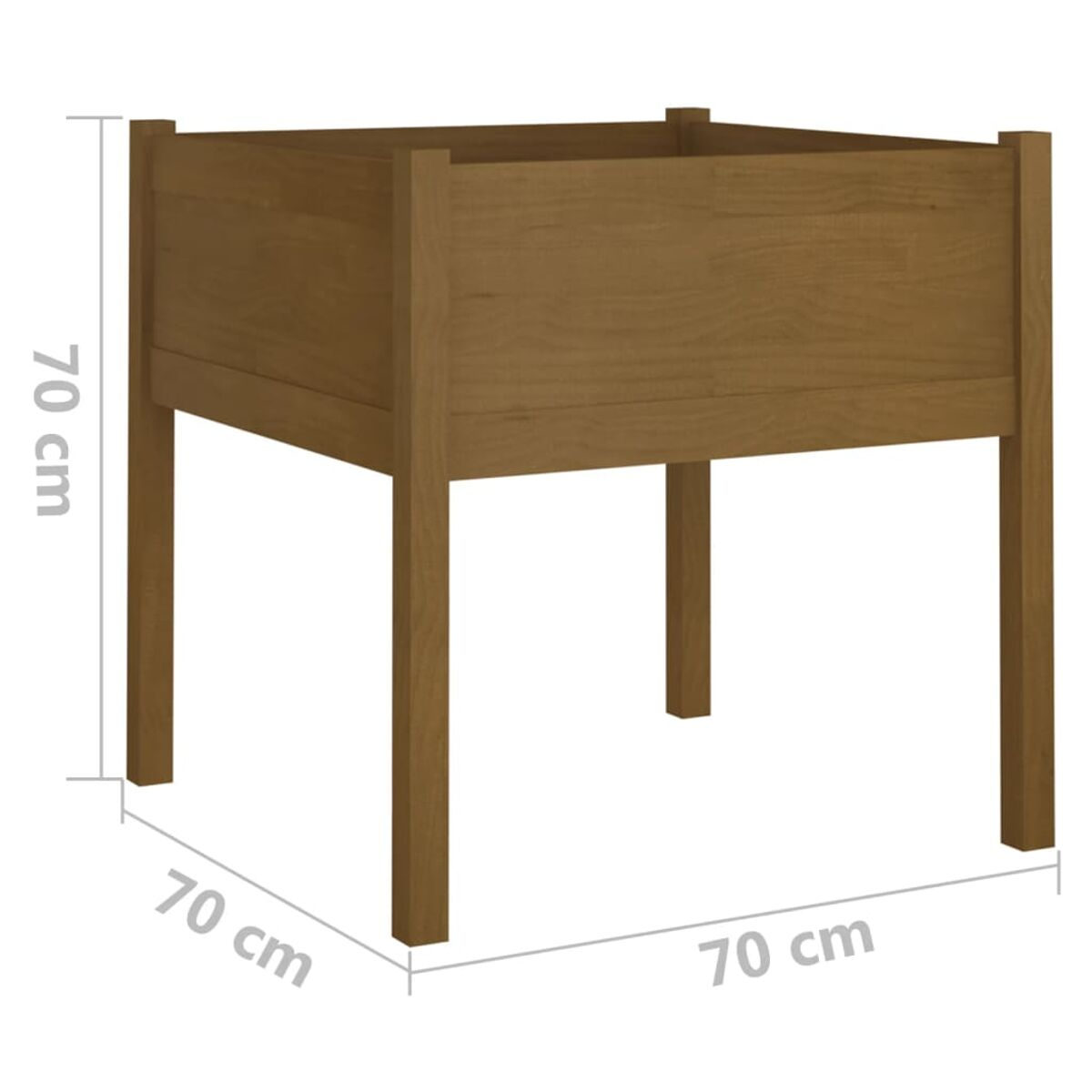 Pflanzkasten aus Holz, quadratische Form, mit Maßen in cm. Braunes Holz.