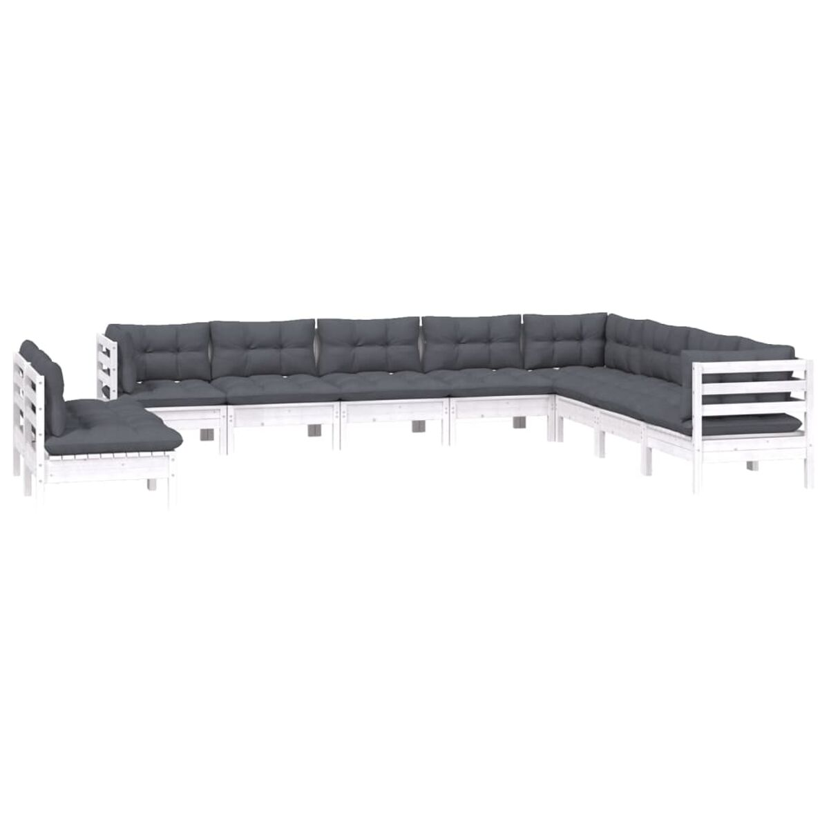 Ein weißes Ecksofa mit grauen Kissen, angeordnet vor weißem Hintergrund.