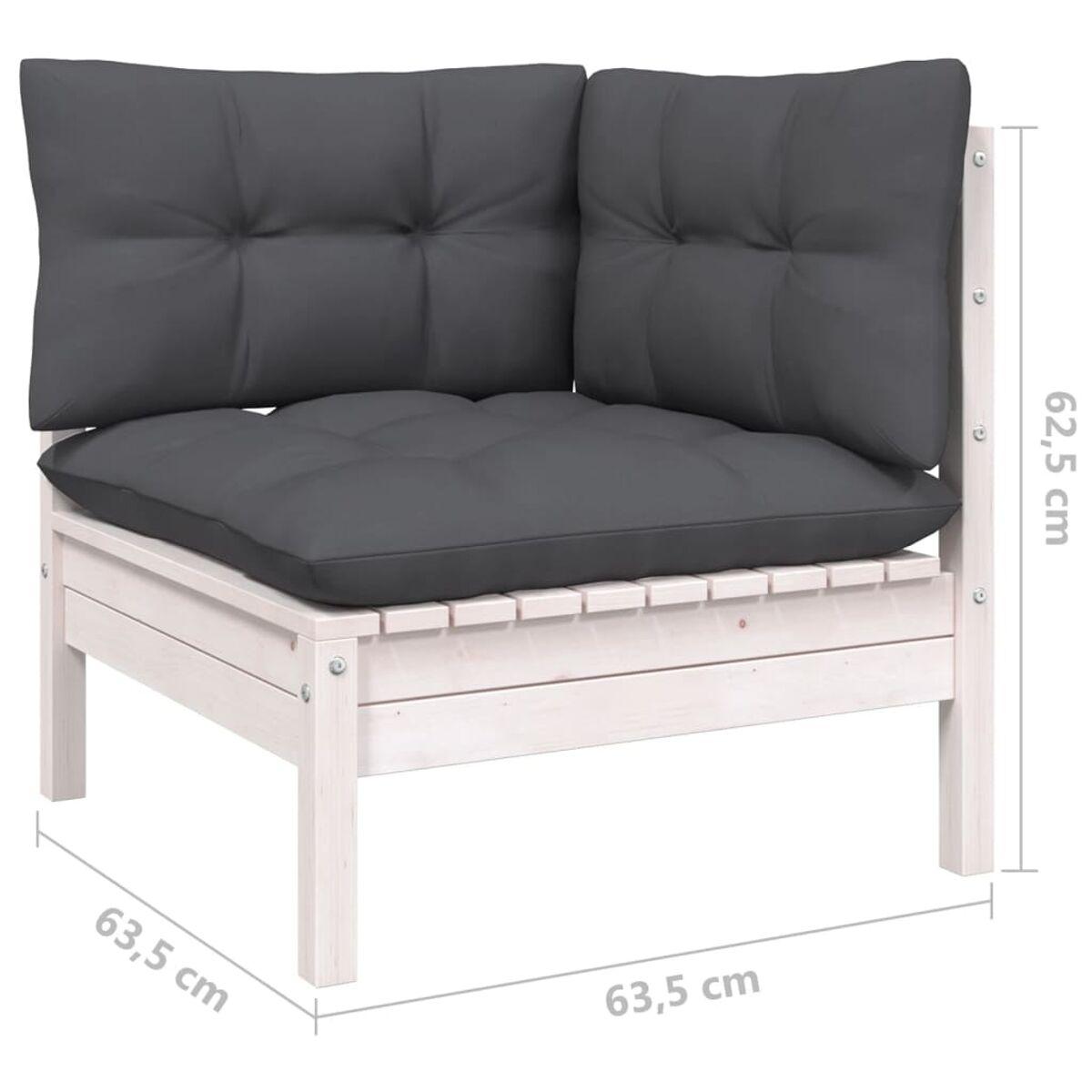 Sedia angolare in legno bianco con cuscini grigio scuro, dimensioni.