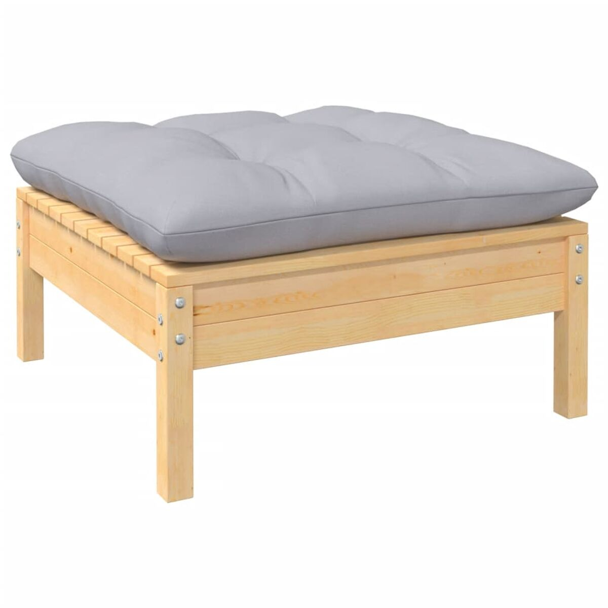Ein Fußhocker aus Holz mit einem grauen Kissen obenauf.