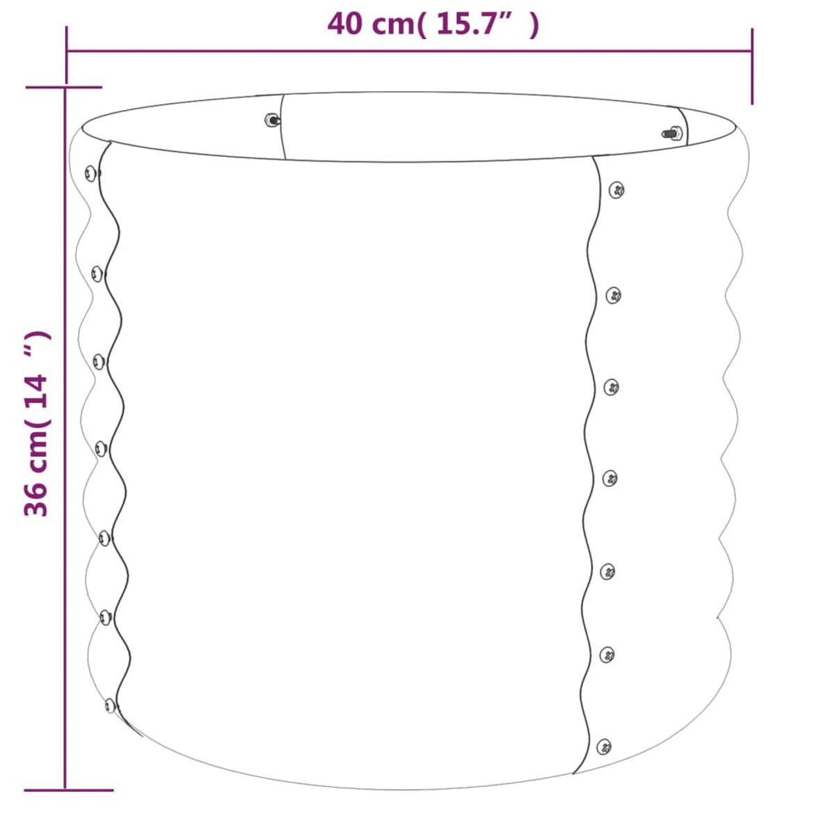 Diagramm eines zylindrischen Pflanzentopfes mit Maßangaben in cm und Zoll.