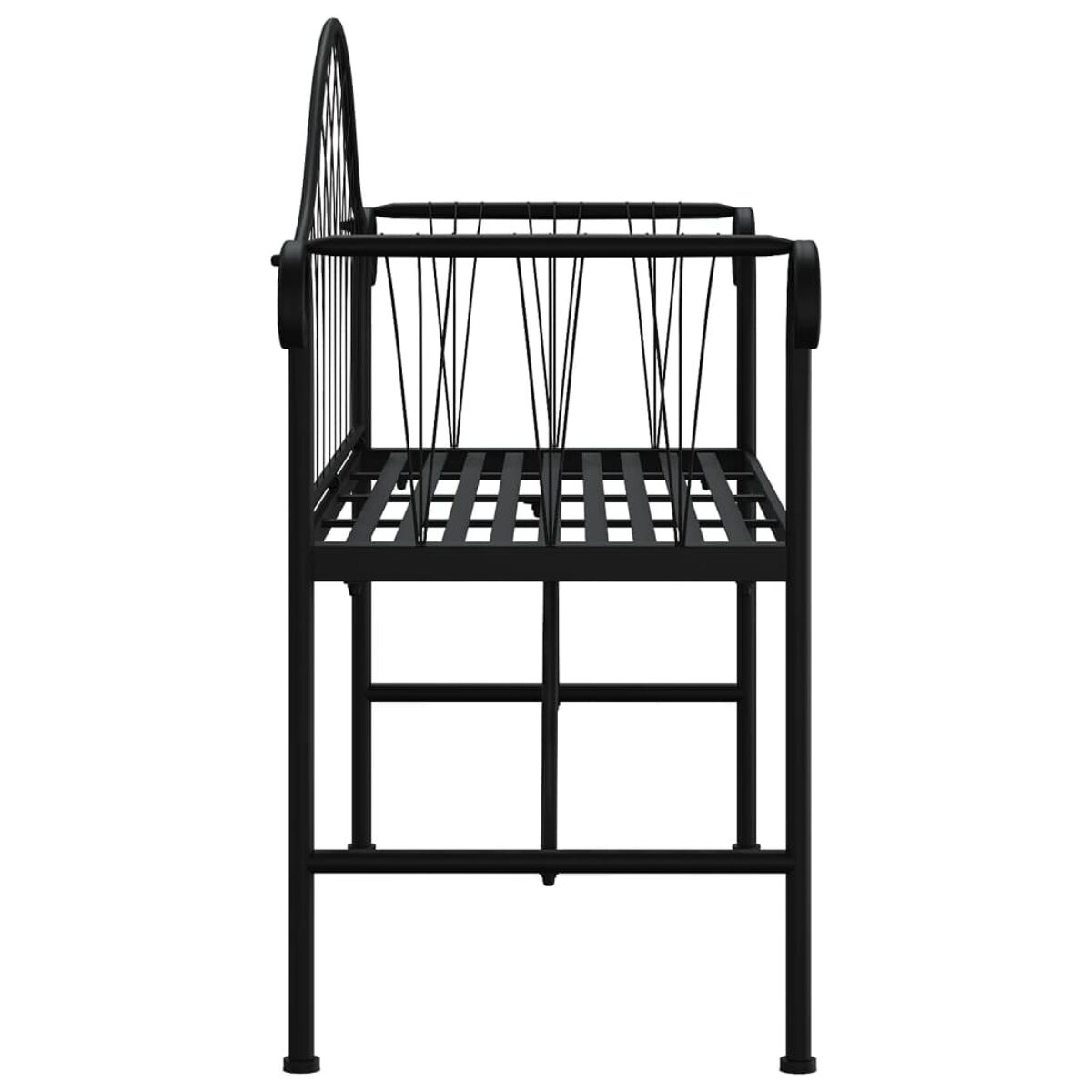 Panca in metallo nero con barre verticali sullo schienale e sulla seduta. Design semplice.
