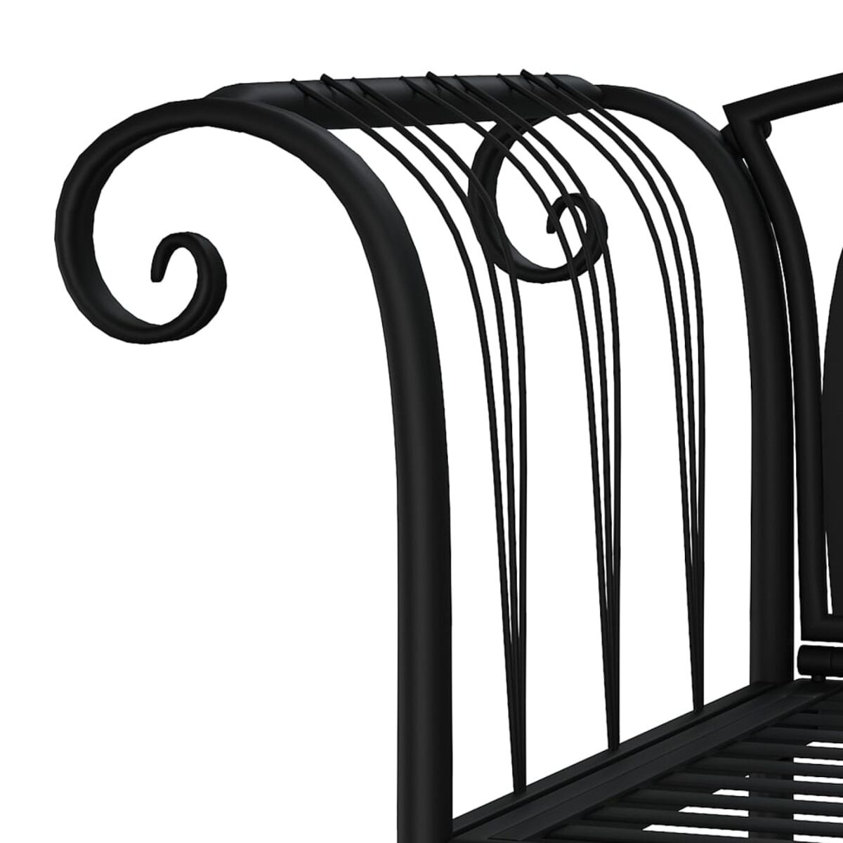 Schienale di panca in metallo nero con dettagli a volute. Design decorativo.