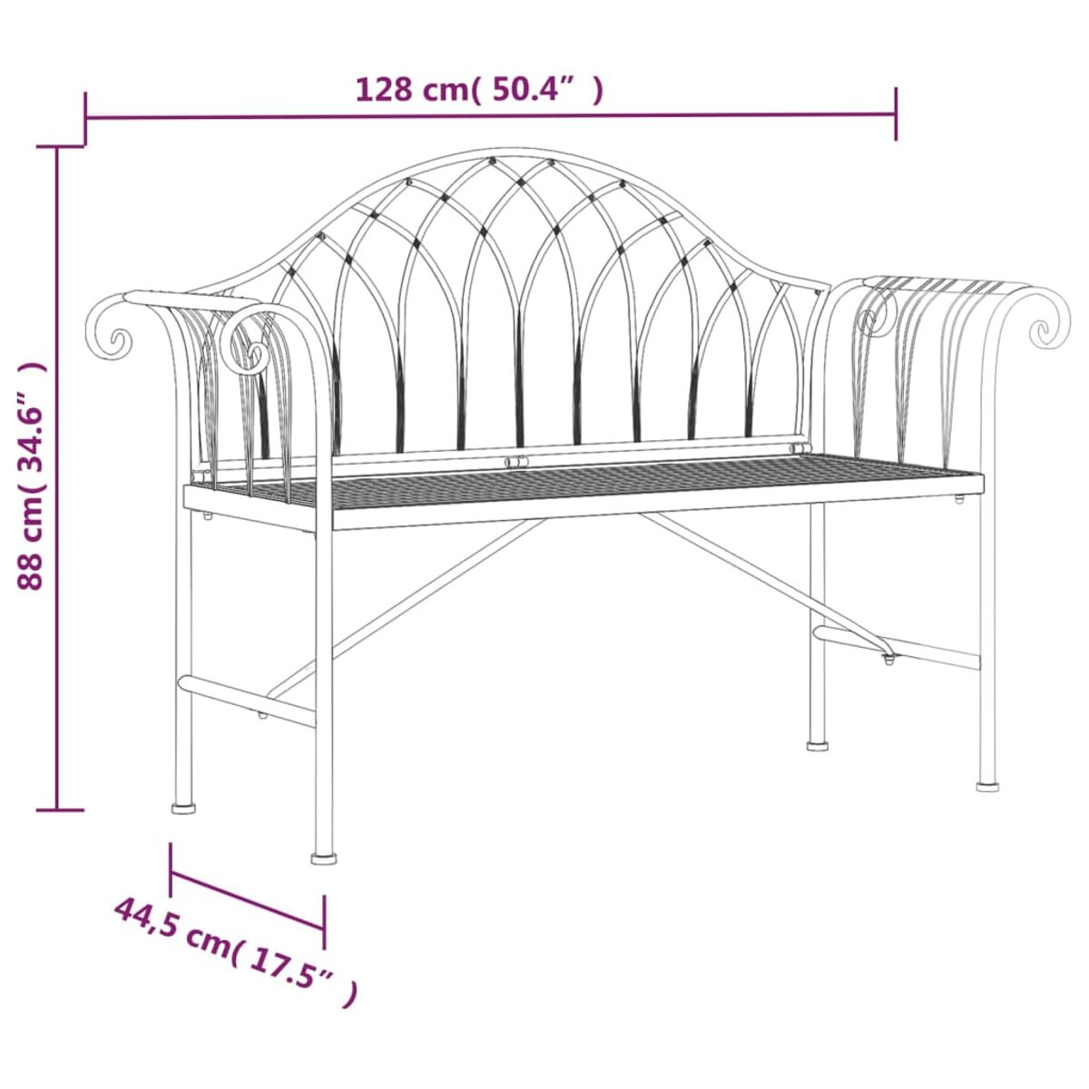 Disegno a linea di una panchina da giardino in metallo, con dimensioni. Linee nere su sfondo bianco.