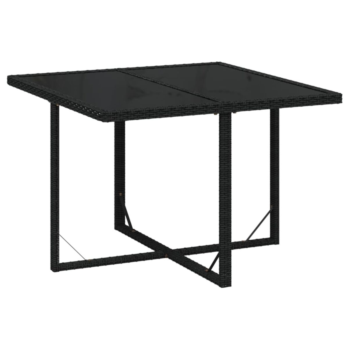 Schwarzer quadratischer Gartentisch mit Glasplatte, Korbbasis und gekreuzten Beinen.